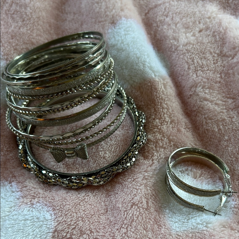 Elegant Silver Bangle and Hoop Set